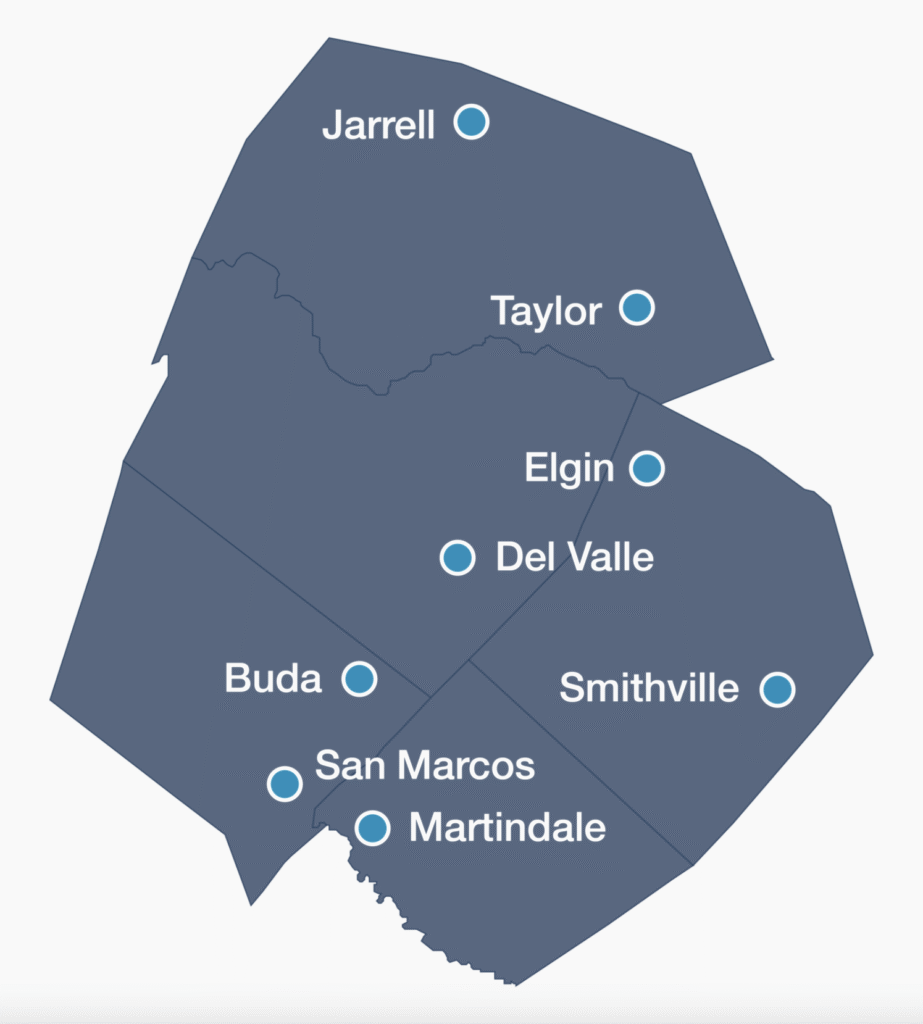 A map of central Texas showing which libraries are participating in St. David's Library for Health program.