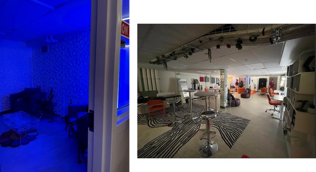 left image shows a small room lit up by a blue light; clear center table; two arm chairs in the right two corners; the image to the right show a large dimly-lit, open space room with a zebra pattern rug; cafe tables and stools; soft seating and loung chairs; two desks with rolling chairs to the right