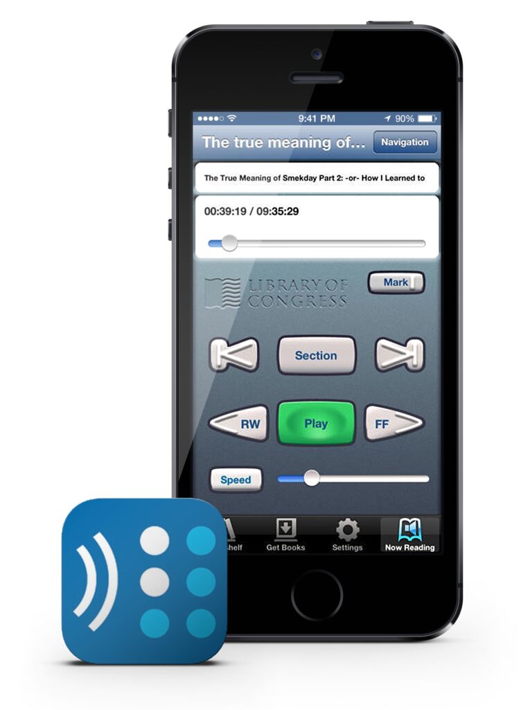 An Iphone display shows the BARD app used to search, download and read books and magazines. 