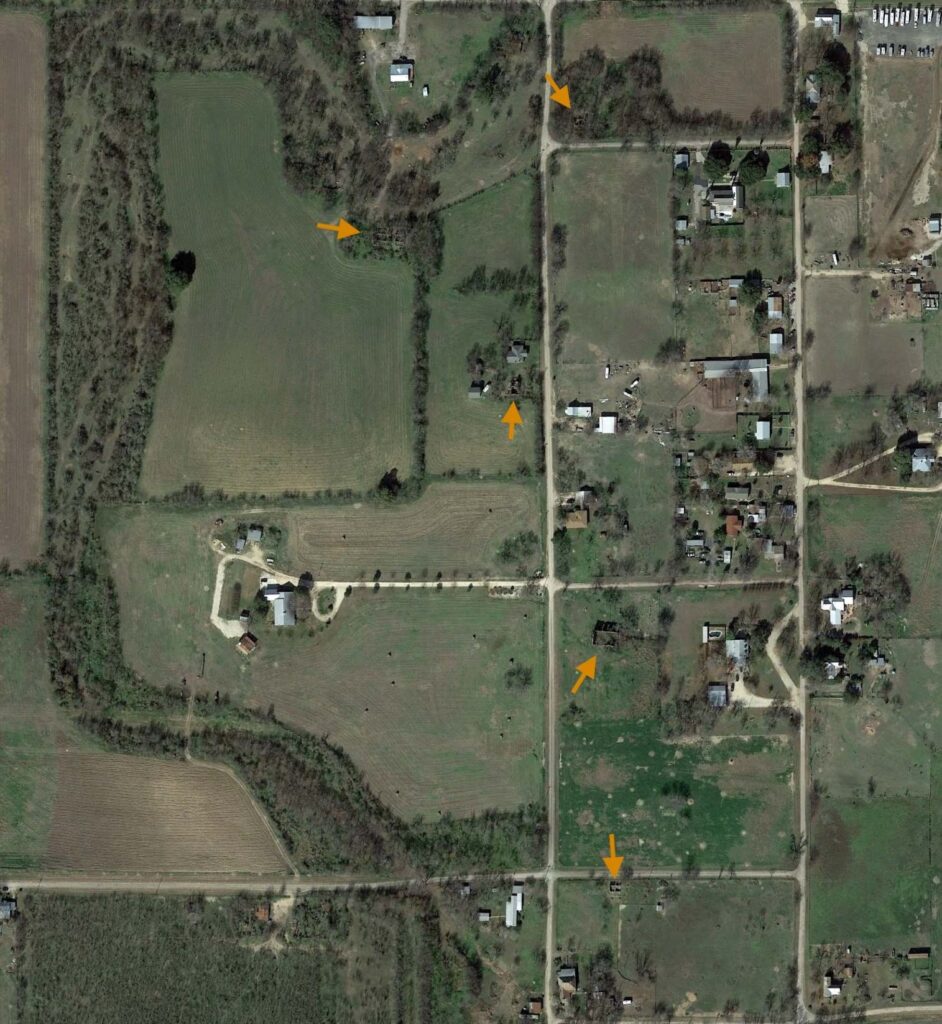 A satellite image of the Old D'Hanis Archaeological site with arrows indicating points of historical interest.