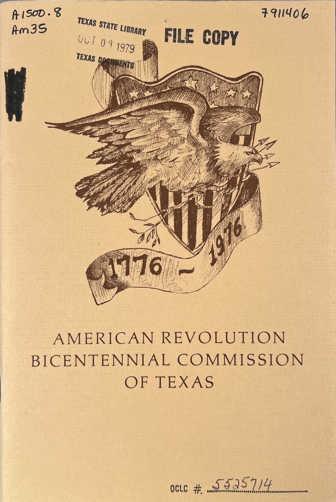 cover of pamphlet American Revolution Bicentennial Commission of Texas with a graphic of and eagle and shield and banner with 1776-1976 underneath.