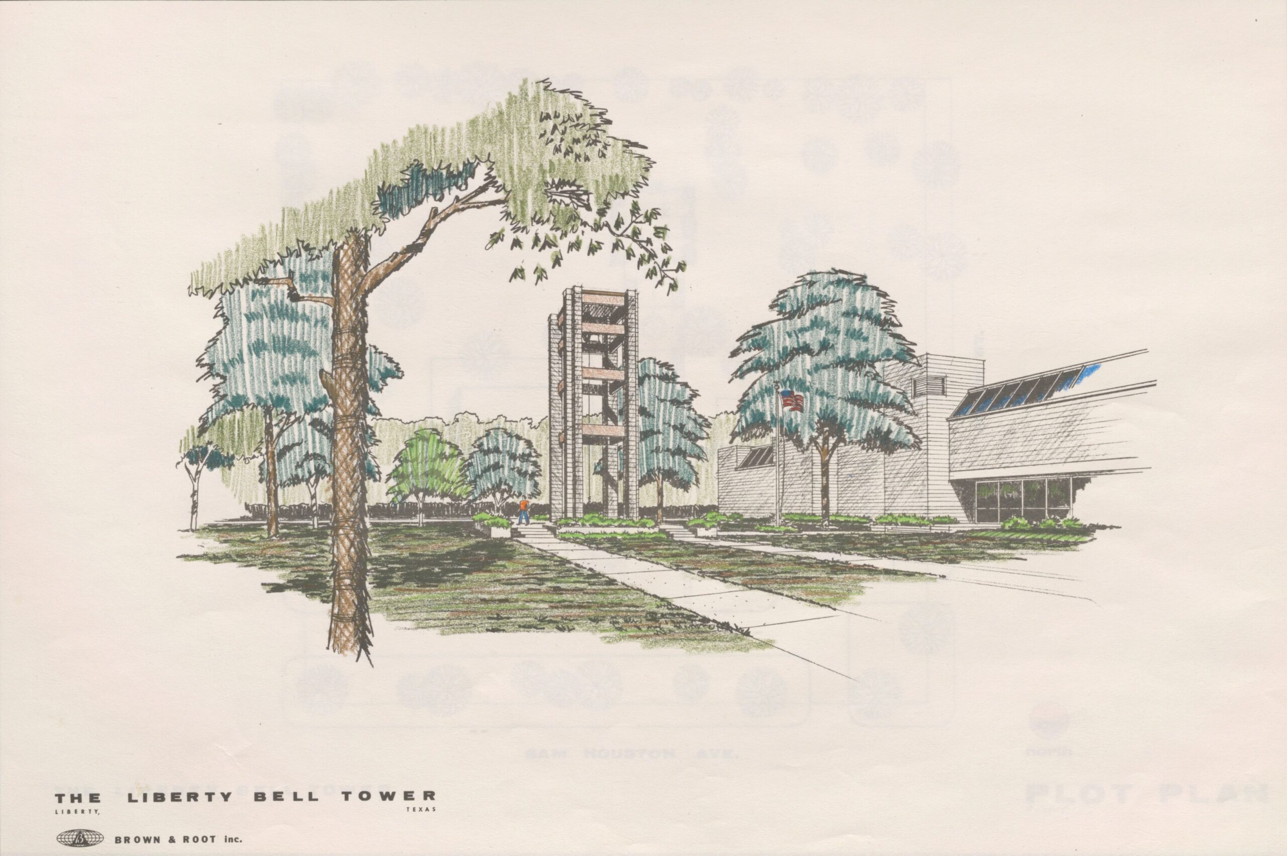 color sketch of the The Liberty Bell Tower surrounded by trees and a building. Bottom left corner reads The Liberty Bell Tower and Brown & Root.