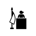 Black and white icon of a woman on a podium next to a flag on a pole Black and white icon of a woman on a podium next to a flag on a pole
