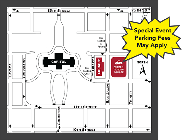 A map of the Capitol Complex of buildings showing the Visitor's Parking Garage with a sign saying: Special Event Parking Fees May Apply